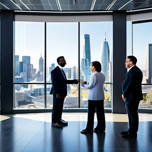 A diverse group of highly skilled professionals, including scientists, tech experts, and investors, collaboratively working in a state-of-the-art innovation hub. The background features a futuristic, sleek city skyline with clean energy elements, symbolizing economic diversification and technological advancement. All subjects are fully clothed in professional business attire, modest clothing, appropriate attire, professional dress. The atmosphere is visionary and forward-thinking, captured with professional photography, high quality. safe for work, appropriate content, fully clothed, professional, family-friendly, perfect anatomy, correct proportions, natural pose, well-formed hands, proper finger count, natural body proportions.