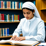 A focused professional scholar, wearing modest professional dress, is attentively studying an open Arabic textbook on a desk in a modern, well-lit university library. The book displays clear and uniform Arabic block script (活字体). The setting is bright and conducive to learning, with bookshelves in the background. The image has perfect anatomy, correct proportions, well-formed hands, proper finger count, natural body proportions, and a natural pose. This is a safe for work, appropriate content, fully clothed, professional, and family-friendly image, with high-quality photography and sharp focus.