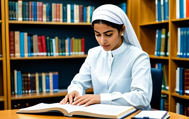 A focused professional scholar, wearing modest professional dress, is attentively studying an open Arabic textbook on a desk in a modern, well-lit university library. The book displays clear and uniform Arabic block script (活字体). The setting is bright and conducive to learning, with bookshelves in the background. The image has perfect anatomy, correct proportions, well-formed hands, proper finger count, natural body proportions, and a natural pose. This is a safe for work, appropriate content, fully clothed, professional, and family-friendly image, with high-quality photography and sharp focus.