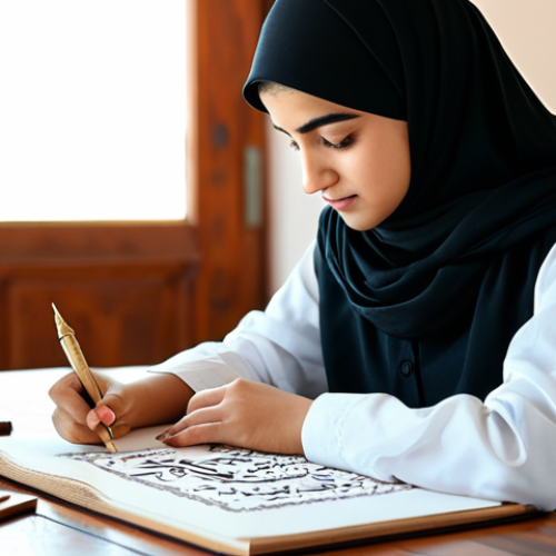 Learning Arabic Calligraphy**

"A young woman, fully clothed and wearing modest attire, intently practices Arabic calligraphy with a traditional quill pen and ink. She sits at a wooden desk in a brightly lit studio filled with Arabic art and calligraphy samples. Focus on the intricate details of the Arabic script and the woman's focused expression. Perfect anatomy, natural proportions, well-formed hands, proper finger count, safe for work, appropriate content, family-friendly, professional."

**