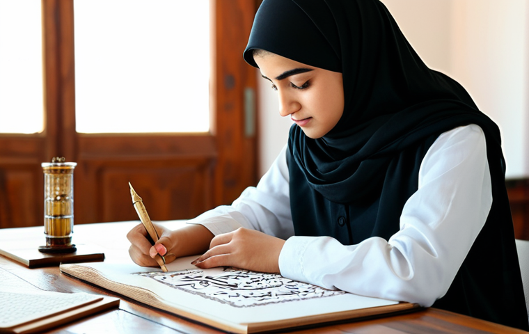 Learning Arabic Calligraphy**

"A young woman, fully clothed and wearing modest attire, intently practices Arabic calligraphy with a traditional quill pen and ink. She sits at a wooden desk in a brightly lit studio filled with Arabic art and calligraphy samples. Focus on the intricate details of the Arabic script and the woman's focused expression. Perfect anatomy, natural proportions, well-formed hands, proper finger count, safe for work, appropriate content, family-friendly, professional."

**