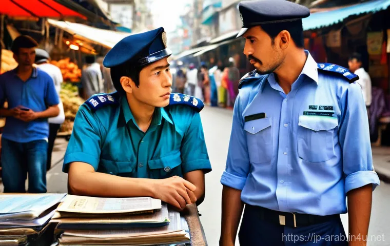 아랍어 경찰서에서 필요한 표현 - **Prompt 1: A Friendly Encounter with an Arab Police Officer**
    "A young Japanese female tourist,...