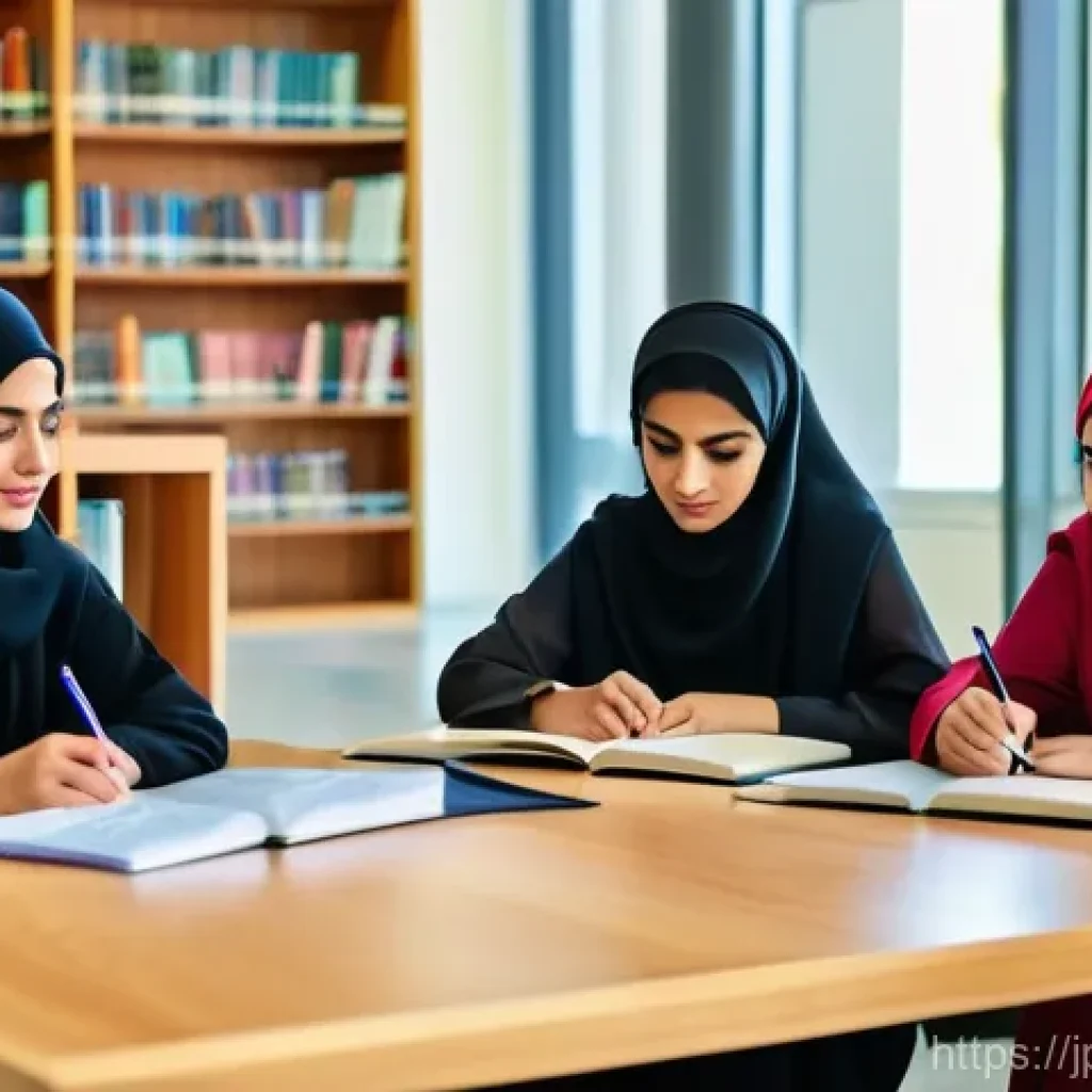 아랍어권에서의 여성의 역할 - A group of intelligent and ambitious young Arab women, dressed in stylish, modern abayas and vibrant...