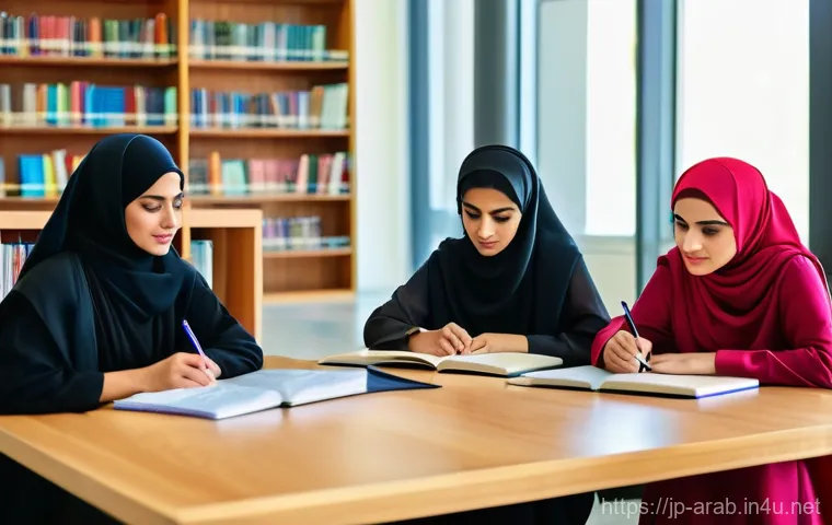 아랍어권에서의 여성의 역할 - A group of intelligent and ambitious young Arab women, dressed in stylish, modern abayas and vibrant...