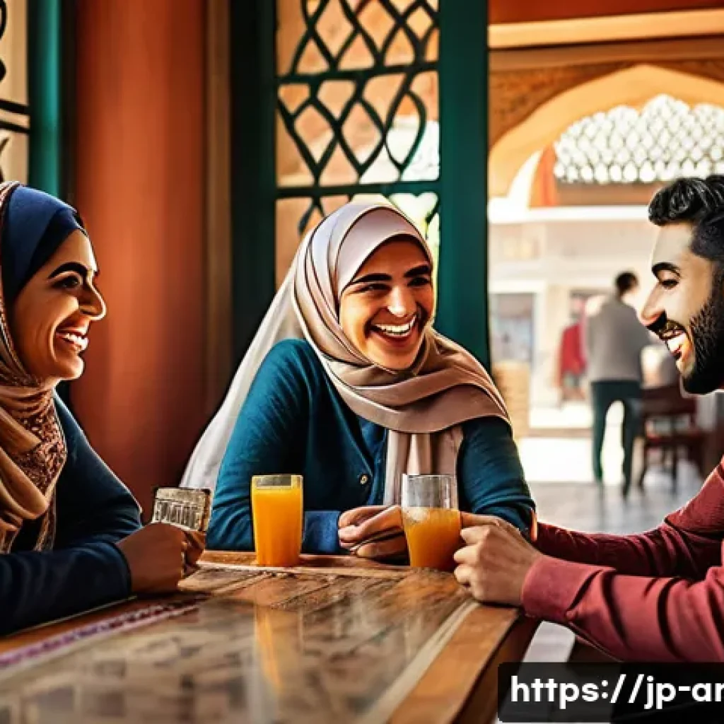아랍어 유머와 농담 - A lively Middle Eastern café scene filled with diverse young adults sharing laughter over witty word...