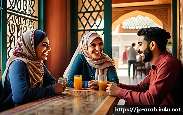 아랍어 유머와 농담 - A lively Middle Eastern café scene filled with diverse young adults sharing laughter over witty word...
