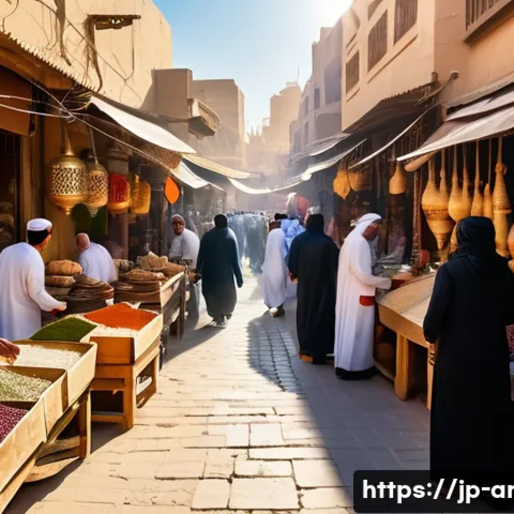 아랍어 사용 국가 목록 - A vibrant Middle Eastern market scene in a bustling city like Cairo or Riyadh, showcasing diverse pe...