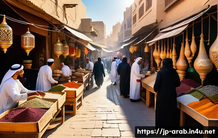 아랍어 사용 국가 목록 - A vibrant Middle Eastern market scene in a bustling city like Cairo or Riyadh, showcasing diverse pe...