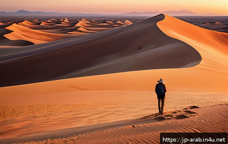아랍어권에서의 사막 탐험 - A vast desert landscape at sunset, featuring a sweeping view of golden sand dunes under a dramatic s...
