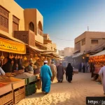 아랍어 문학 작품 - A vibrant Middle Eastern market scene at sunset, bustling with diverse people in traditional attire ...
