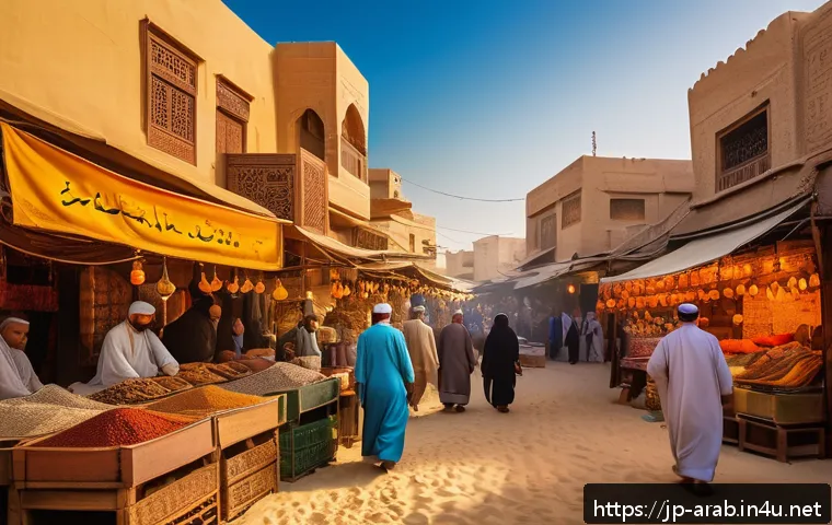 아랍어 문학 작품 - A vibrant Middle Eastern market scene at sunset, bustling with diverse people in traditional attire ...