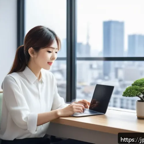 아랍어권에서의 SNS 인기 해시태그 - A modern Japanese social media manager sitting at a sleek desk with multiple digital devices display...