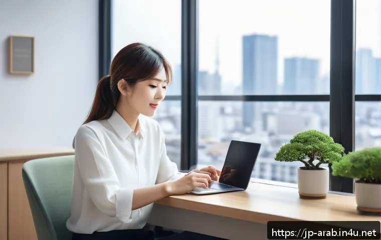 아랍어권에서의 SNS 인기 해시태그 - A modern Japanese social media manager sitting at a sleek desk with multiple digital devices display...