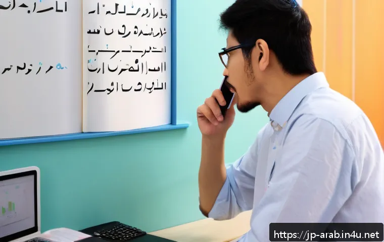 아랍어 원어민 발음 익히기 - A detailed educational scene showing a Japanese adult learner practicing Arabic pronunciation in fro...