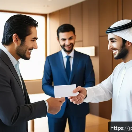 아랍어권에서의 비즈니스 매너 - A professional Arab business meeting scene featuring a Japanese businessman and Arab counterparts ex...