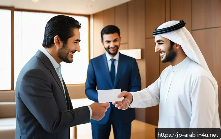 아랍어권에서의 비즈니스 매너 - A professional Arab business meeting scene featuring a Japanese businessman and Arab counterparts ex...