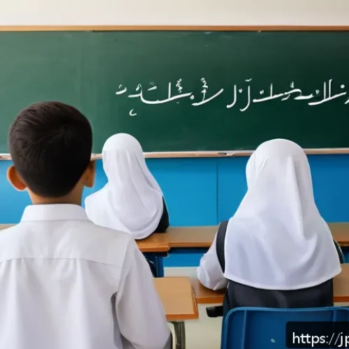 아랍어 표준어  MSA 란 - A sophisticated classroom scene in a modern Middle Eastern school, featuring a diverse group of stud...