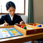 아랍어 명사 성별 구분 - Photorealistic Arabic language classroom in Tokyo, a Japanese teacher arranging two sets of colorful...