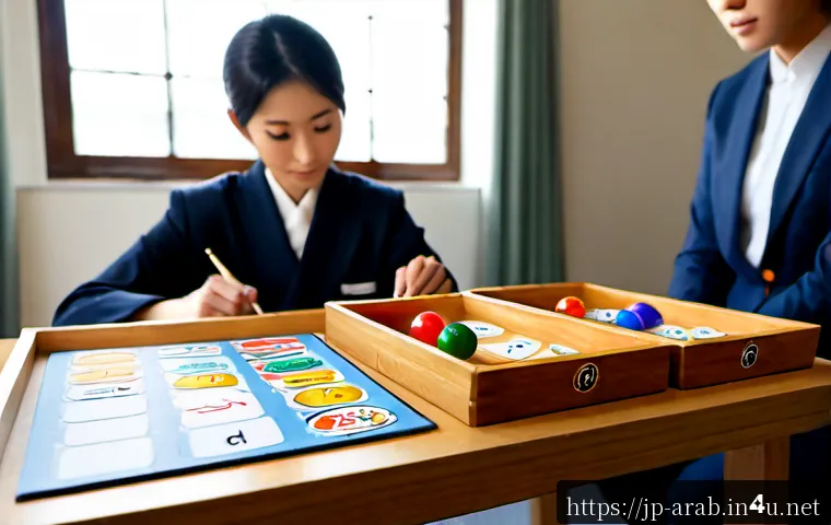 아랍어 명사 성별 구분 - Photorealistic Arabic language classroom in Tokyo, a Japanese teacher arranging two sets of colorful...