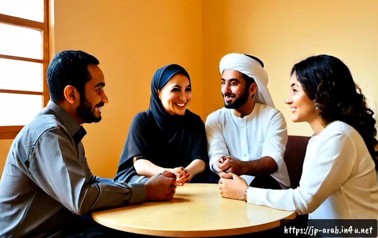 아랍어 방언 종류 - Photorealistic editorial scene of four diverse Arabic-speaking adults in a warm modern language work...