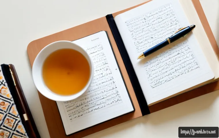 아랍어와 우르두어 유사점 - Photorealistic overhead view of a Japanese linguist’s tidy desk comparing Arabic and Urdu language m...