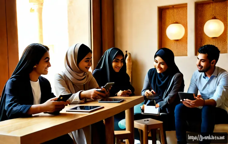 아랍어권에서의 트위터 인기 주제 - Photorealistic editorial scene of diverse Arab young adults in a modern Cairo café, gathered around ...