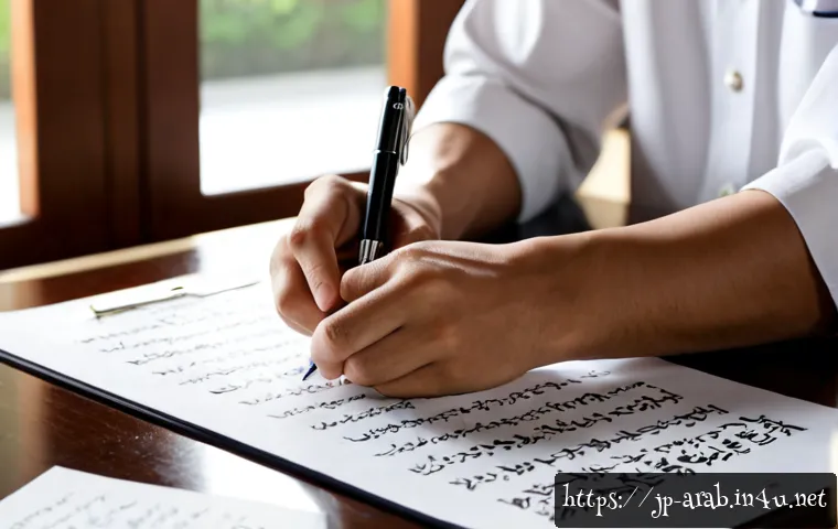 아랍어 공식 문서 작성 - Photorealistic close-up of a Japanese business professional preparing an Arabic official document at...
